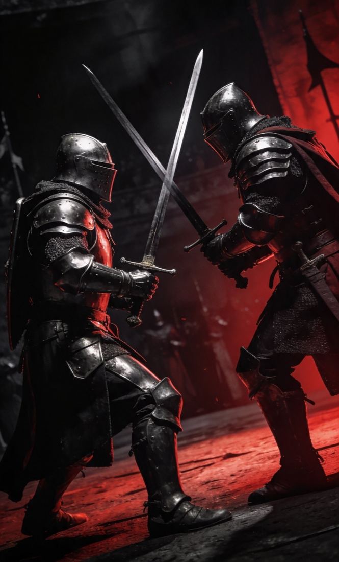 Two armoured knights fighting with swords
