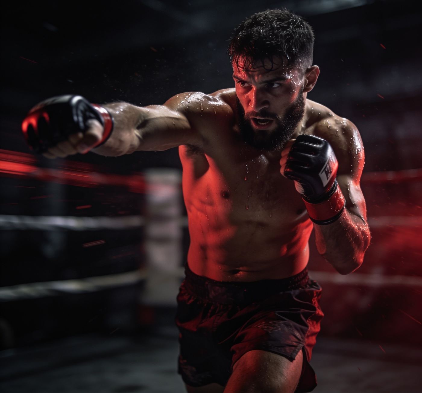 A boxer throwing a jab under red ring lights