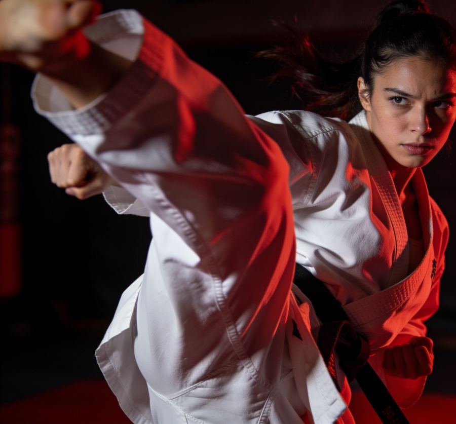 Martial artist throwing a punch in a white gi