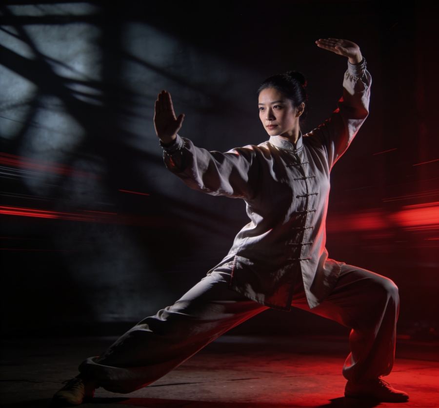 Kung fu practitioner in a low stance