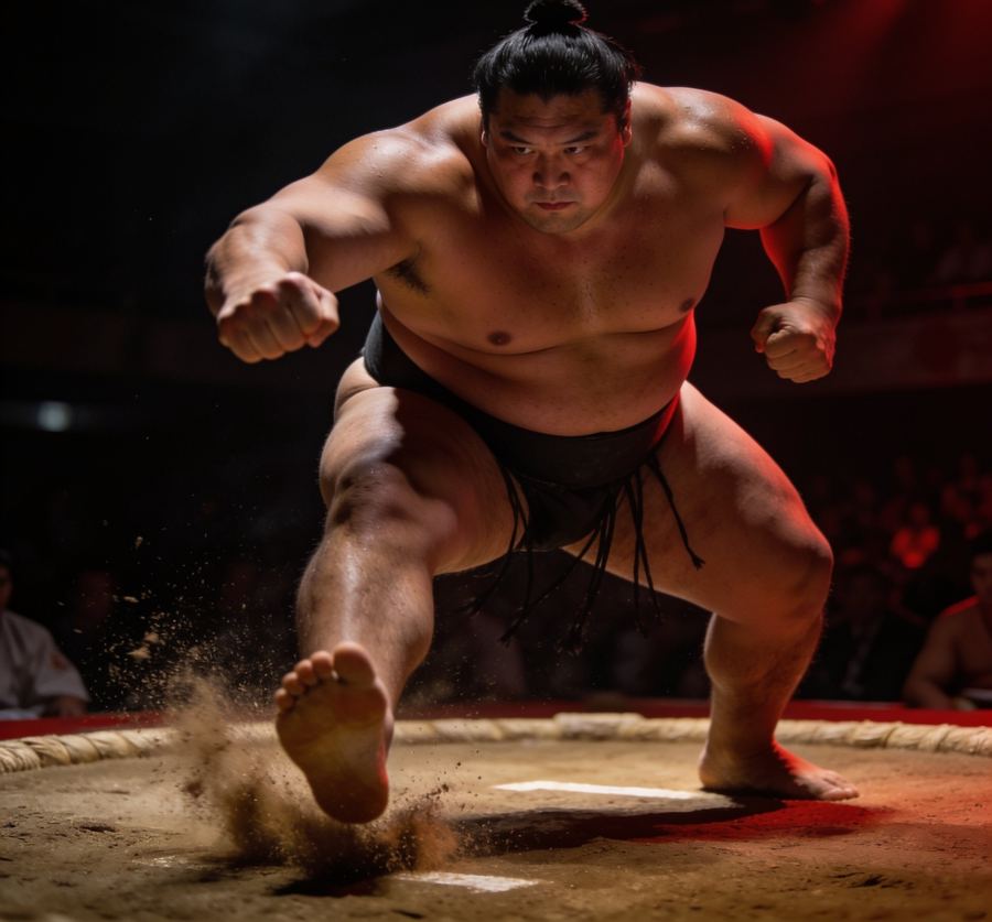 Sumo wrestler stamping in the ring